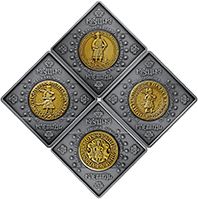 Набір з чотирьох срібних пам`ятних монет "Козацькі клейноди" у футлярі з флоковим покривом у сувенірній упаковці 40 гривень (2021)